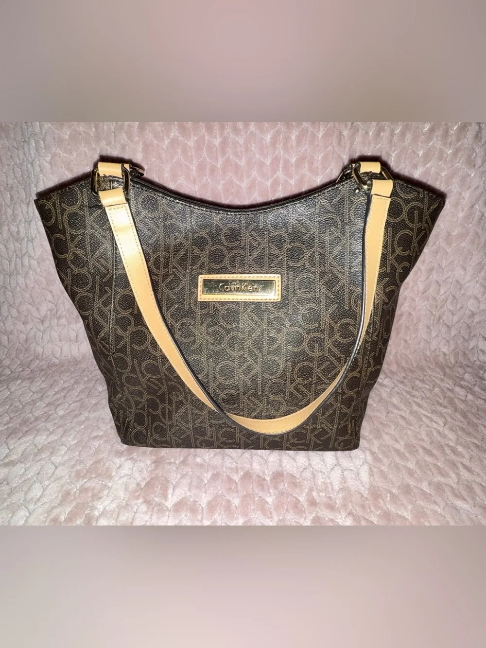 Calvin Klein Brown Monogram Shoulder Bag with Tan Straps